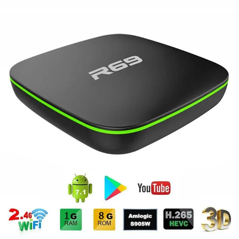 

R69 Android 7.1 Smart TV Box H3 Quad Core WiFi Set Top Box DDR3 1GB+8GB/2GB HDMI Interface Media Player with IR Remoter
