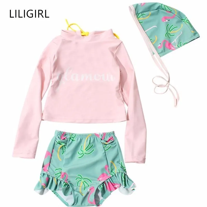 

LILIGIRL Baby Girls Cute Sunscreen Swimsuit Long Sleeve Children Quick-drying Flamingo Swimwear Clothing Sets купальник детский