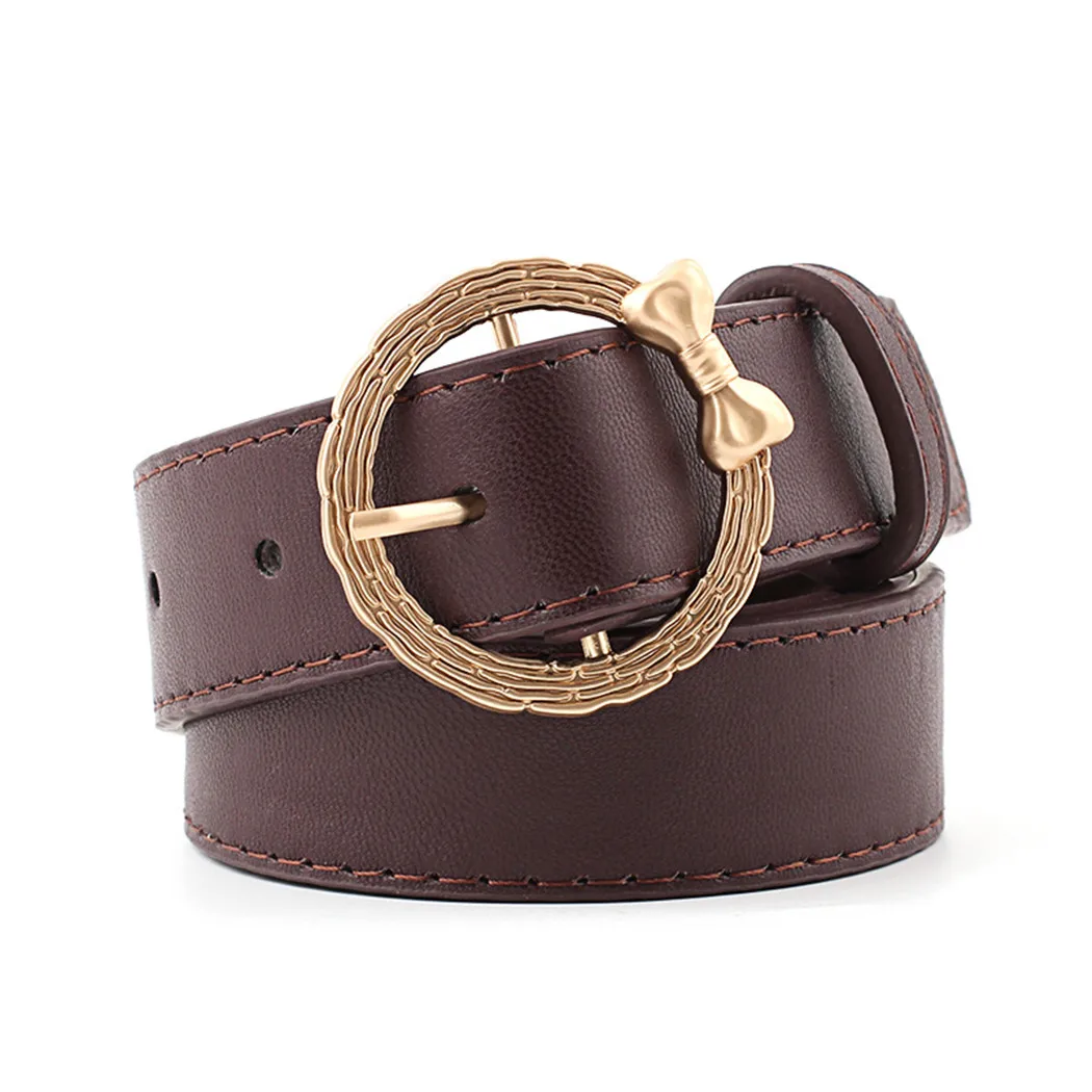 Gold Round Buckle PU Leather Waist Belts Fashion Bow Circle Pin Buckle Belt For Women or Jeans