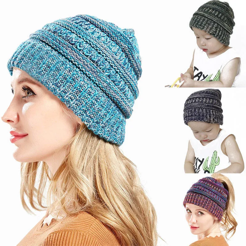 Women Stretch Knitted Hats Solid Fashion High Bun Ponytail Beanie Hats