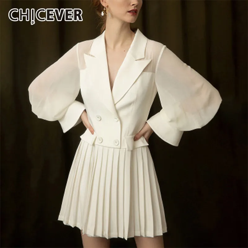 

CHICEVER Summer Elegant Chiffon White Dress Notched Button Slim High Waist Pleated Hem Slim Knee Length Female Dresses 2019 Tide