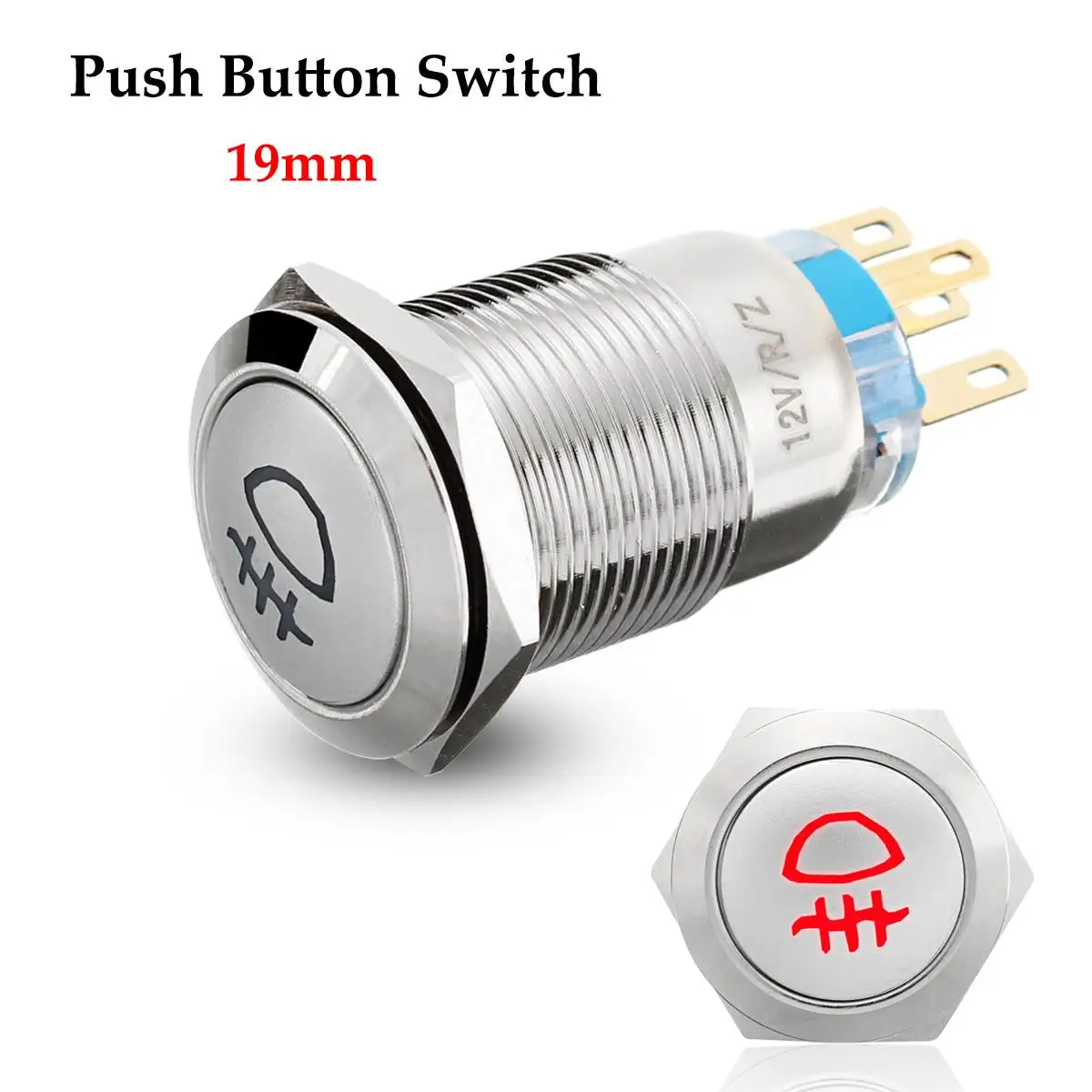 

5 Pin 19mm 12V Red LED Push Metal Latching Button ON/OFF Switch Car Fog Light