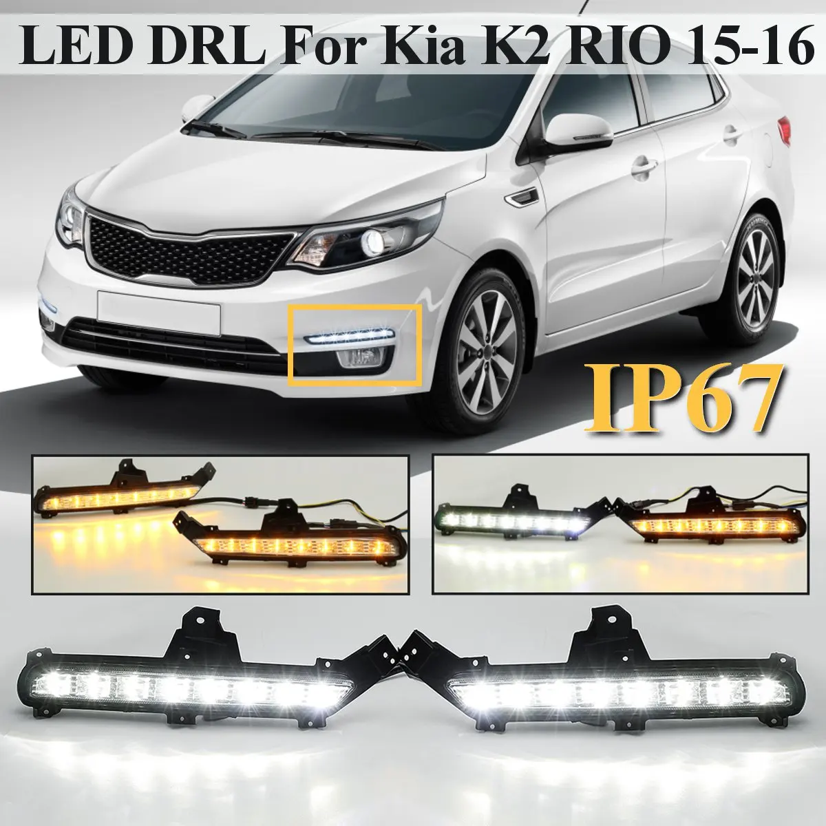 

For Kia K2 RIO 12V Pair LED DRL Daytime Running Lights White Yellow Turn Signals Lamps Light For Kia K2 RIO 2015-2016