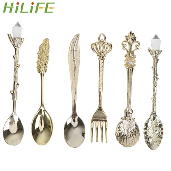 

HILIFE 6 Pieces/set Vintage Royal Style Spoon and Fork Set for Coffee Tea Milk Dessert Fruit Royal Antique Flower Carved