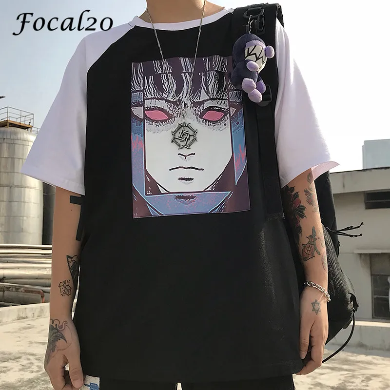 

Focal20 Streetwear Dark Cartoon Character Patchwork Female T Shirt Patchwork Hit Color Crew Neck Short Sleeve Women T-shirts