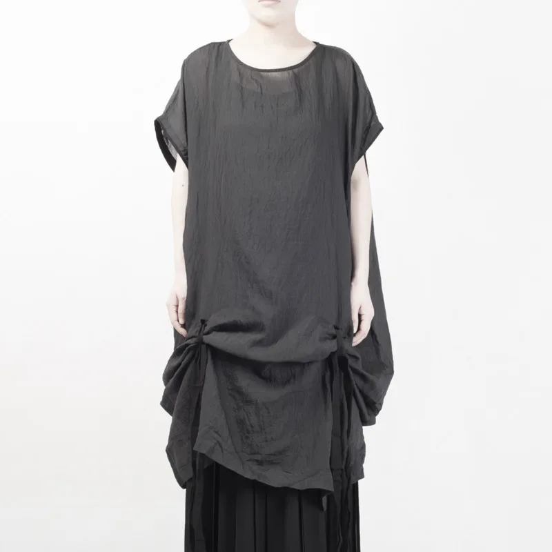 

DEAT 2020 Fashion New Asymmetry Round Neck Loose Women Dress High Quality Short Sleeve Long Section Bandage Solid Clothes BE326