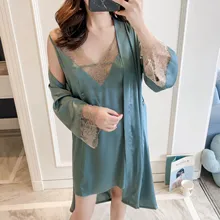 Весенняя Новинка, кружевное ночное белье Ice Slik Not Satin, халат, наборы, три четверти, v-образный вырез, на бретелях, костюм с кардиганом, Пижама для женщин