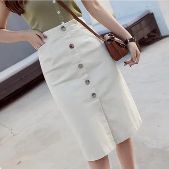 

2019 Fashion Women Single Breasted Casual Skirt Skinny Pockets Summer Skirt Pencil High Waist Knee Length Skirt