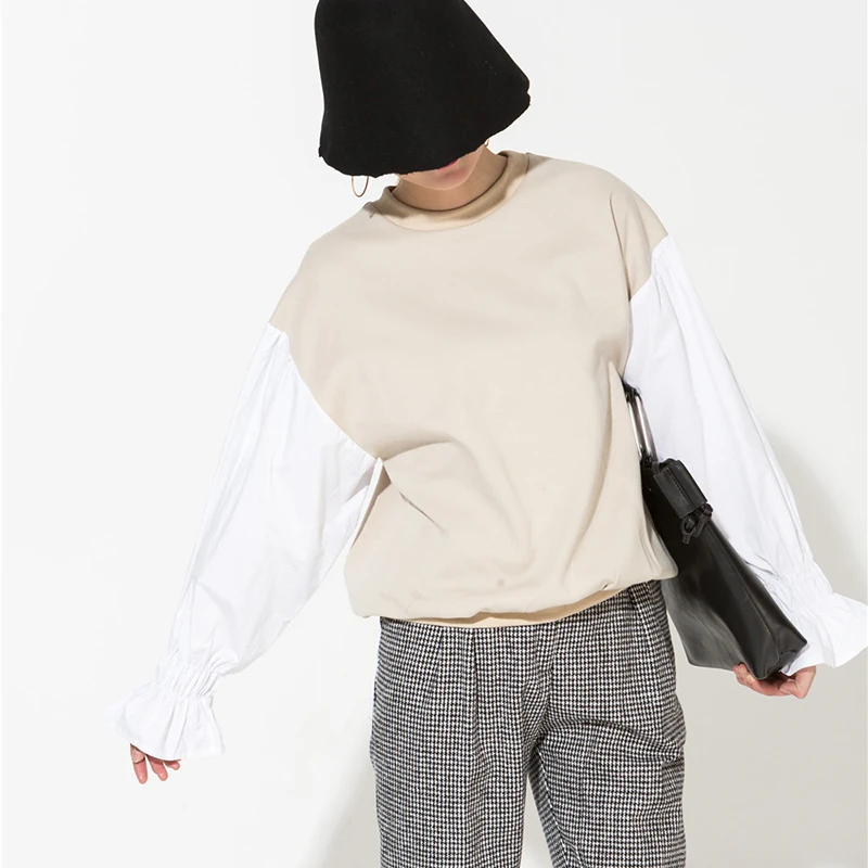 

[EWQ] 2019 New Spring Fahion Round Neck Split Joint Solid Color White Loose Sweatshirt Women Tide All-match LS07212S