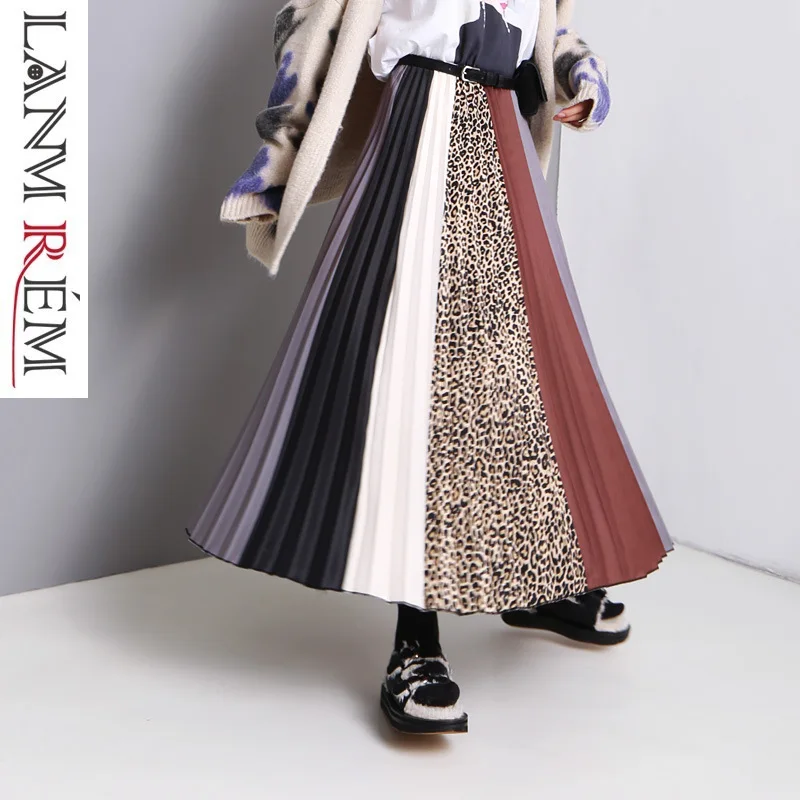 

LANMREM 2019 Spring New Women's Pleated Skirt Fashion Patchwork Pring Elastic High Waist All-match Female's Bottoms YF937