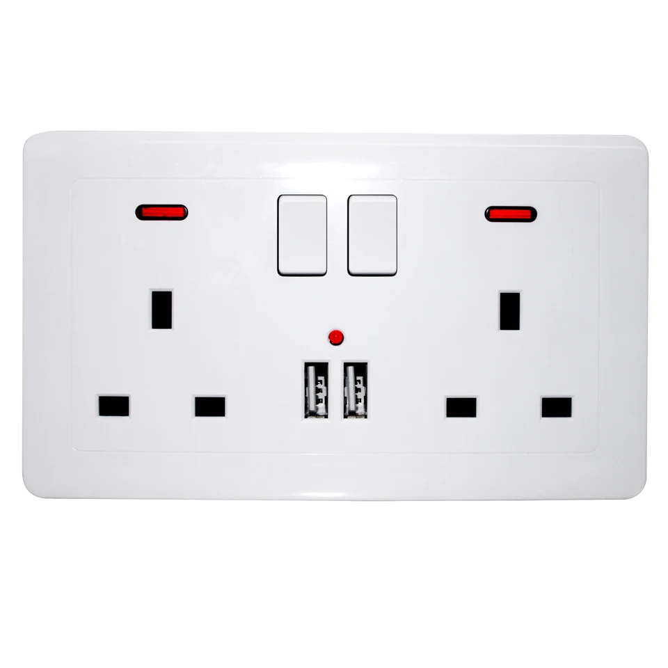 

UK 146 Wall Socket AC Electrical Power Plug Outlet With Built-in 2 USB Charger Dual Switches 2100mA 13A 250V LED Indicator