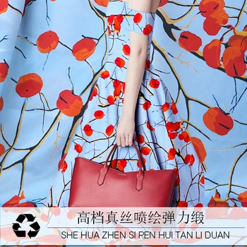 

2019 Red Persimmon Print Blue Stretch Silk Satin Fabric Width 42inch/108cm
