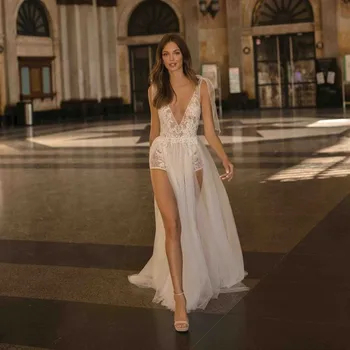 

2019High Side Split Wedding Dress Sexy Sheer V Neck Backless Lace Bridal Gowns Vestido De Novia Wedding Bride Gowns