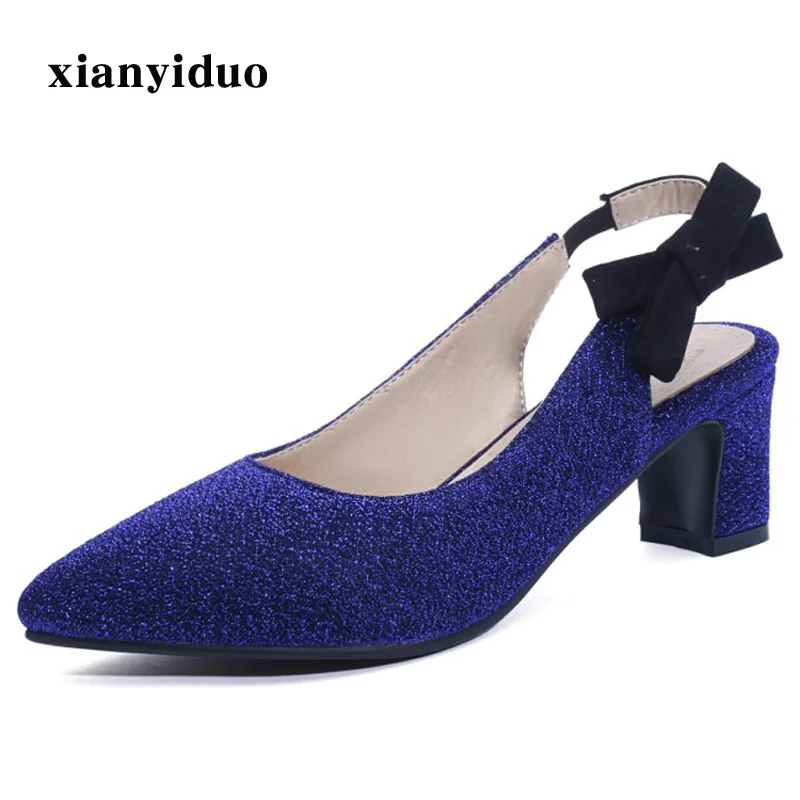 

2019 Summer womens shoes Sandals Block Middle Heel large Size 34-48 Pointed Toe Closed toe Butterfly-knot Royal Blue /19-29