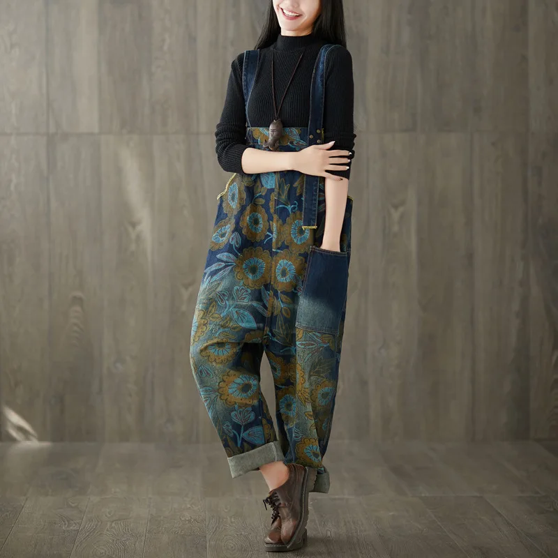 

#0350 Spring Print Jeans Wide Leg Jumpsuit Personality Vintage Side Big Pockets Adjustable Strap Loose Denim Overalls For Women