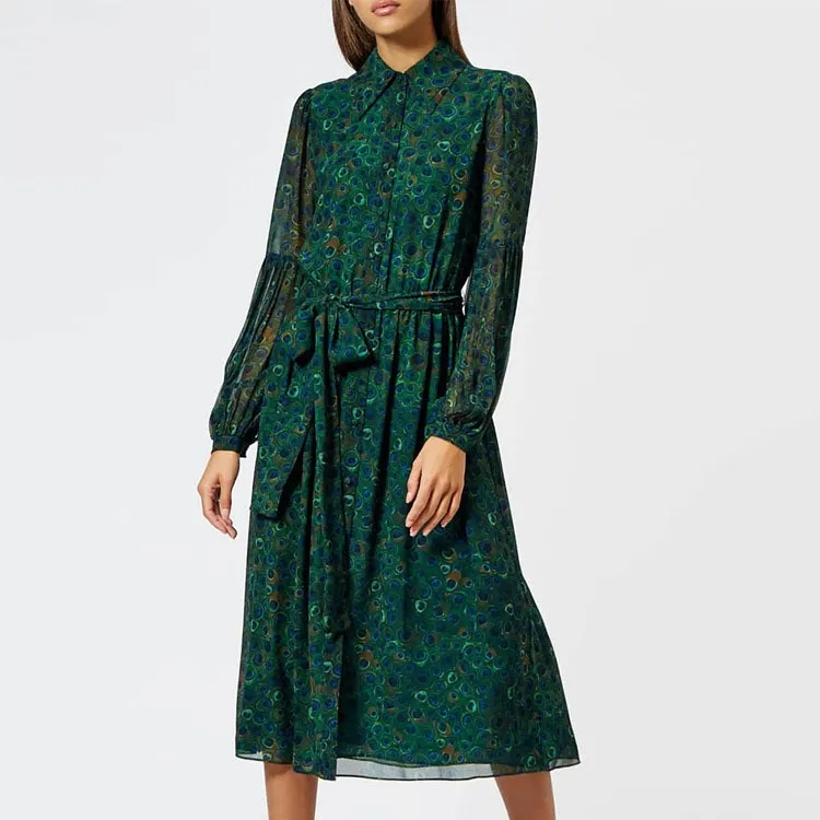 

2019 Summer Elegant Women Turn Down Collar Floral Print Dress Lantern Sleeve Beach Dress Fashion Sashes Office Dress