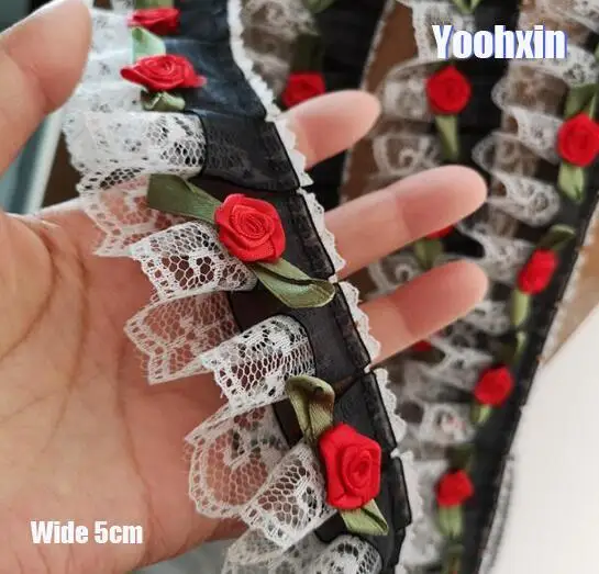 

5CM Wide 3D Red Rose Black Elastic Pleated Chiffon Lace Embroidery Fabric Trim Ribbon DIY Sewing Applique Collar Guipure Supply