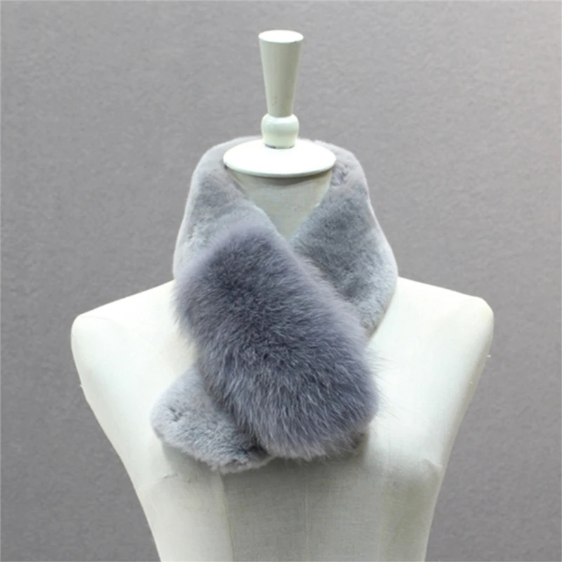 

IANLAN New Womens Full-pelt Rex Rabbit Fur Scarves with Fluffy Fox Fur Trim Mufflers Winter Solid Wraps Magnet Closure IL00522