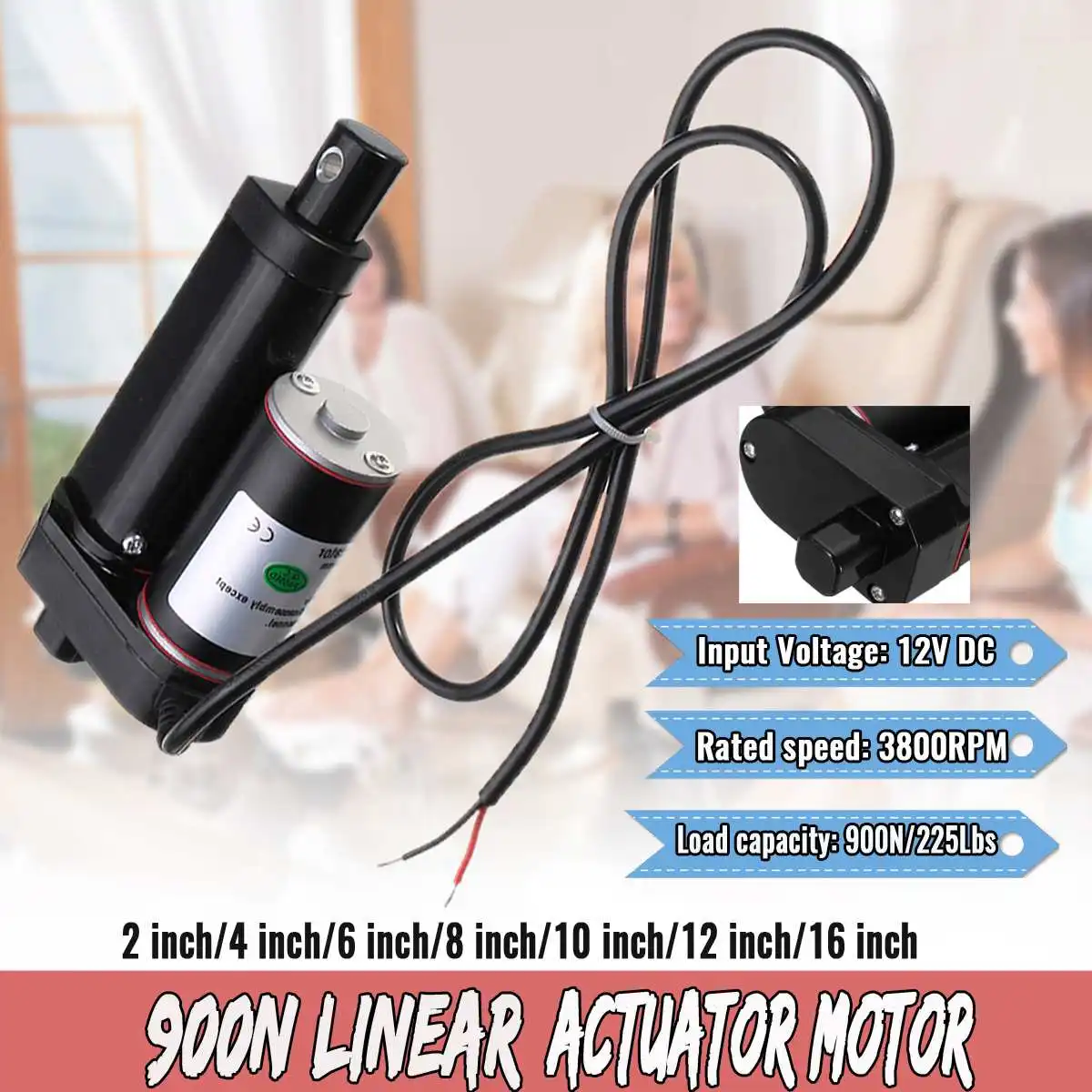 

900N 225 12V Lbs 2 4 6 8 10 12 16 Inch Linear Actuator Stroke Pound Electric Motor Linear Actuator