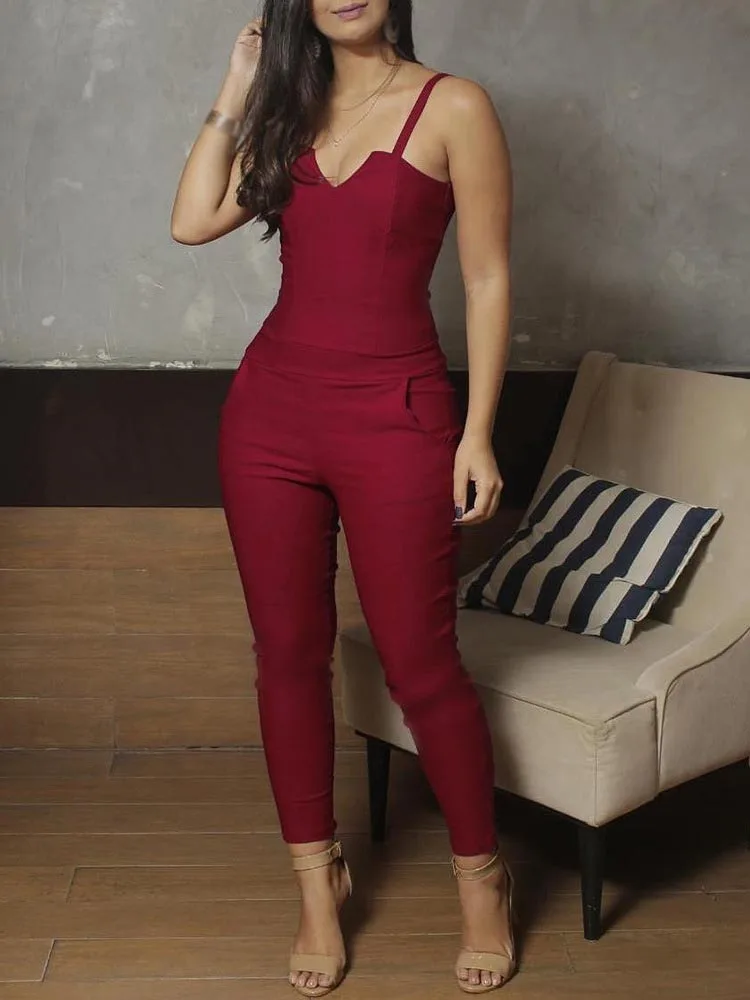 

Fashion Elegant Women Jumpsuits Sexy Slim Red Zipper Party Romper Solid Spaghetti Strap V-Neck Slim Jumpsuits