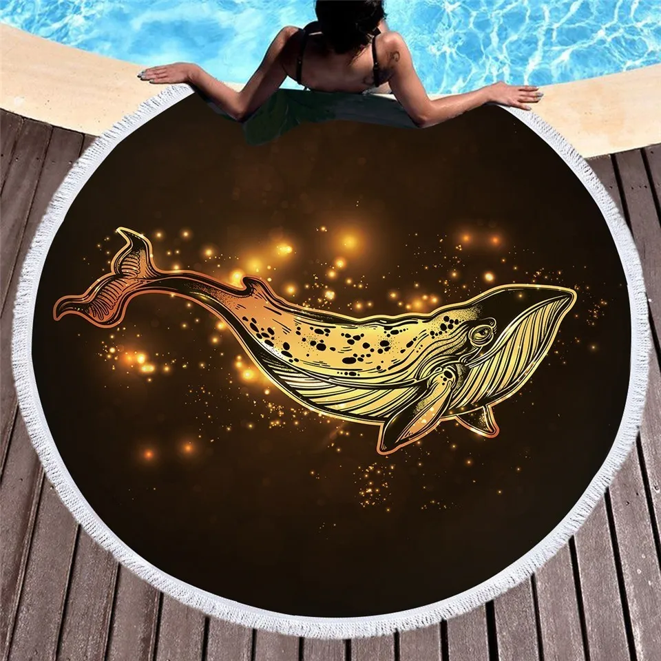 

3D Golden Whale Tapestry Luxurious Round Beach Towel Shining Toalla Sunblock Blanket Cartoon Animal Yoga Mat 150cm