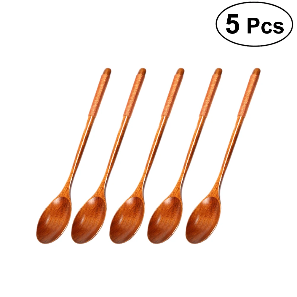 5 Pieces Stirring Long Handle Mixing Natural Wood Spoons for Dessert