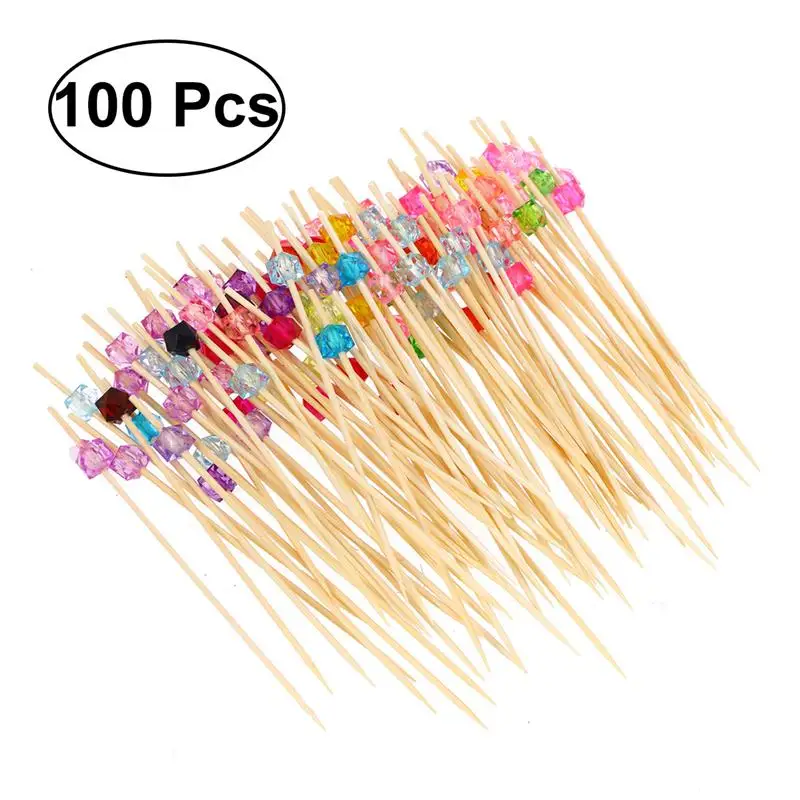 

1 Pack Bamboo Fruit Picks Disposable Cocktail Toothpicks Food Sticks Party Supplies with Acrylic Colored Beads About 100pcs