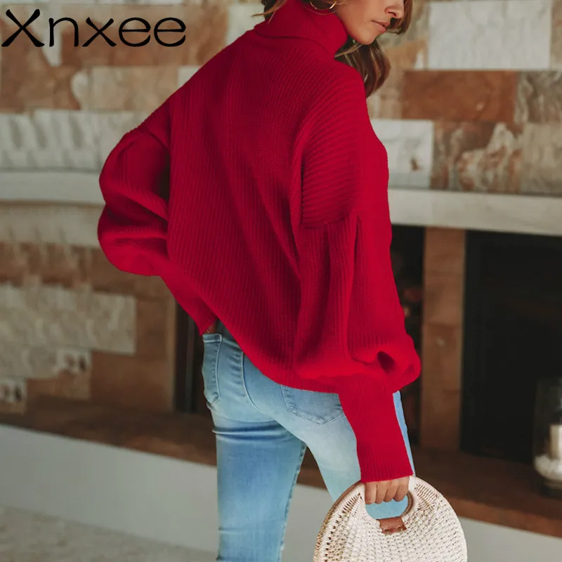 Xnxee Turtleneck red winter sweater women knit Lantern sleeve white sweater female Loose oversized pullover knitted jumper