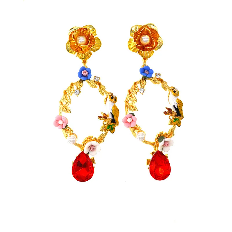 

European And American Flowers Bird Baroque Retro Earrings Crystal Round Earrings Party Drop Oil Earrings Ladies Fashion Jewelry