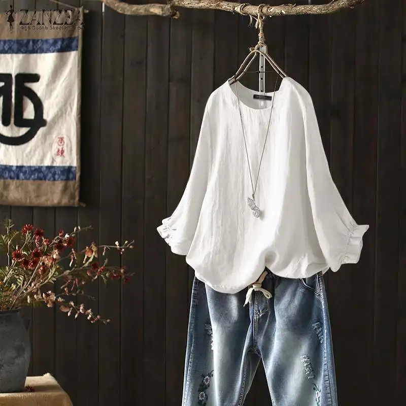 

2019 Summer Fashion Women Cotton Linen Blouse ZANZEA Casual Shirt Office Ladies Blusas Tunic Tops Lantern Sleeve Blusa Feminina