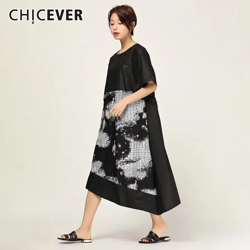 

CHICEVER Spring Casual Print Women Dress O Neck Short Sleeve Asymmetrical Hem Loose Slim Mid-calf Female Dresses 2019 New