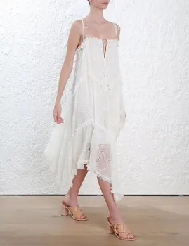 

2019 Summer Women White Hollow Out Off Shoulder Midi Dresses Embroidery Asymmetrical Dresses Sleeveless Beach Dress