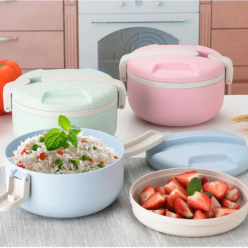 

1200ML Round Wheat Straw Bowl Student Canteen Simple Lunch Box With Lid Bento Box Food Storage Container