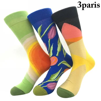

3 Pairs Socks Fashion Graffiti Tulip Winter Casual Cotton Socks Crew Socks