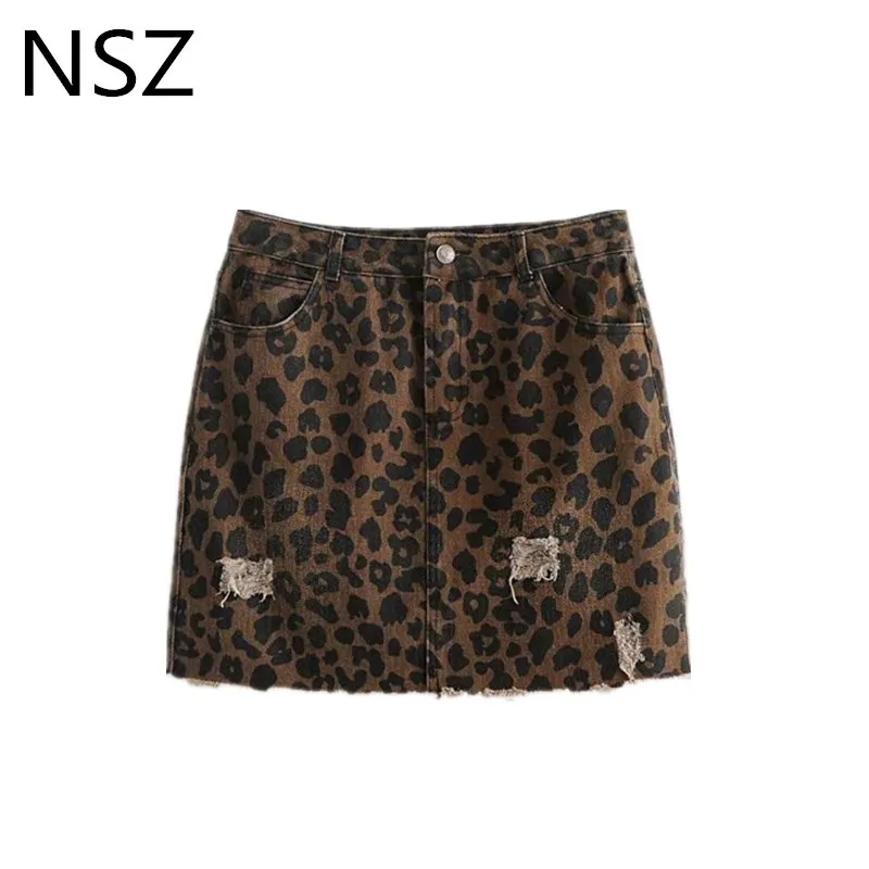 Kopen NSZ Vrouwen Animal Leopard Print Sexy Mini Korte Rok Vintage Denim Jeans Straight Hole Rok Herfst Winter Faldas Mini