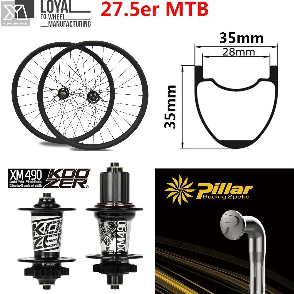 

27.5er MTB Carbon Wheel 35*35mm 650B Hookles Rim Koozer XM 490 Hub And Pillar Spoke For Corss Country All Mountain Bike Wheelset