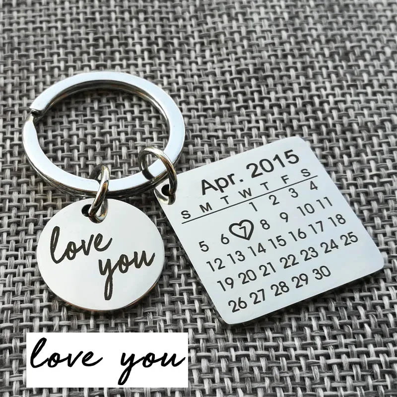 

Personalized Calendar Keychain, Engraved with Your Texts Signature Keyring Hand Stamped Calendar, Date Highlighted with Heart