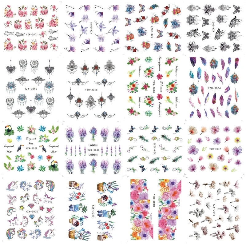 

1 Sheets Watercolor Floral Dream Catcher Unicorn Flower Flamingo Transfer 3d Sticker Nail Decals Gel Manicure Decor Water Slider