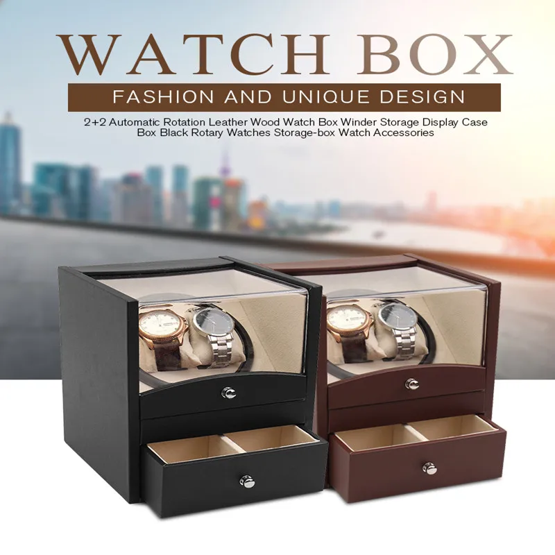 

2+2 Automatic Rotation Leather Wood Watch Box Winder Storage Display Case Box Mechanical Motor Shaker Holder Watch Accessories