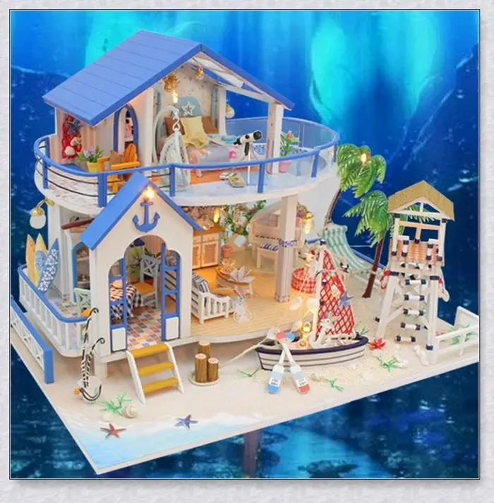 

DIY House with Furniture Children Adult Miniature Wooden Doll House night view with light Model Building Kits Dollhouse Toy