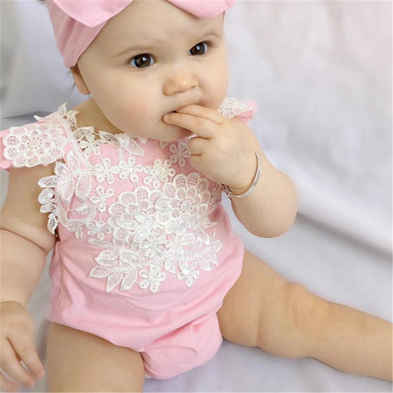 

2 PCS Cute Newborn Infant Baby Girls Summer Sleeveless Rompers Pink Lace Floral Jumpsuit Playsuit Outfits Sunsuit
