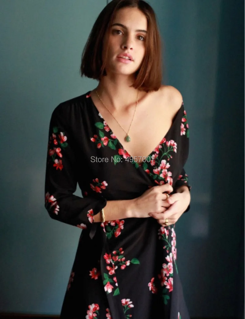 

High Quality Silk 100% Flowers Floral Print Wrap Style V Neck Mini Dress With Waist Ties