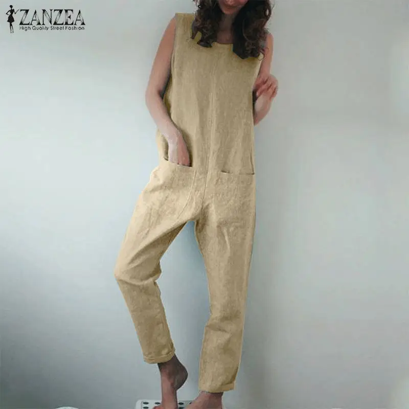 

ZANZEA Rompers Women Jumpsuit 2019 Fashion Ladies Casual Cotton Linen Overalls Jumpsuits Vintage Female Long Dungarees Playsuit