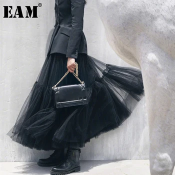 

[EAM] 2020 New Spring Summer High Elastic Waist Black Mesh Layers Split Joint Temperament Half-body Skirt Women Fashion JS659