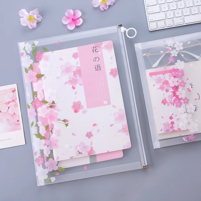 

12PCS A4/A5 Cherry Blossom Transparent Matte File Bag Student Exam Zipper Folder Stationery Paper Storage Bag Filing Products