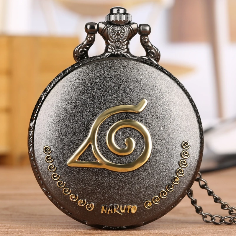 

Unique Black Naruto Mark Quartz Pocket Watch Necklace Japan Anime Theme Fob Watches Fashion Pendant Cosplay Men Clock Chain Gift