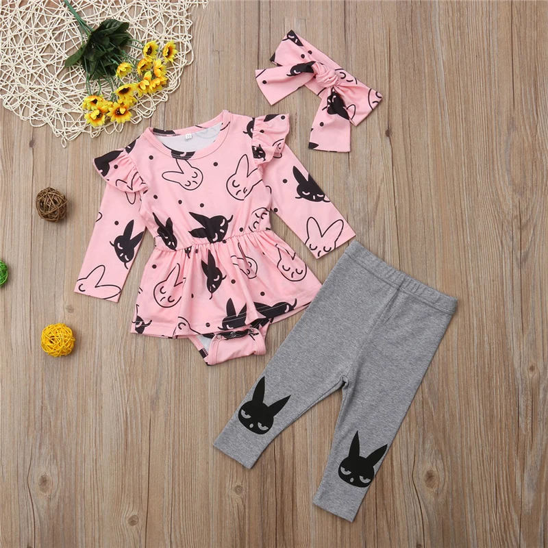 0-2Y Newborn Infant Kid Baby Girl Romper Dress Bodysuit Long Pants Clothes Cute Black White Rabbit Outfits Autumn Set