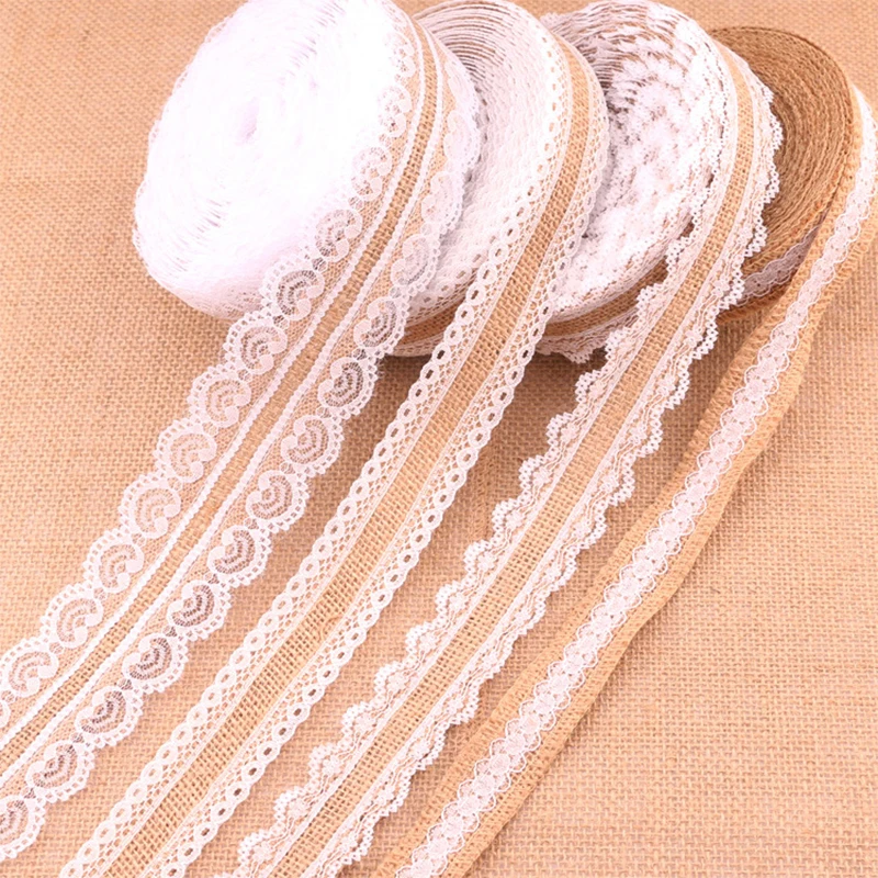 

Natural Jute DIY Wedding Decoration Rustic Vintage 1Meter Lace Ribbon Trim Edge Hessian High Quality With White Lace Burlap 25mm