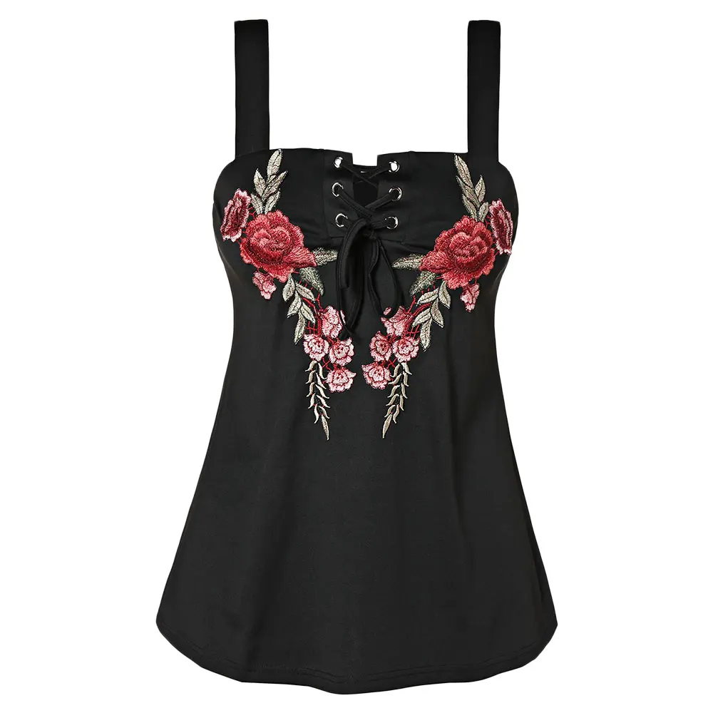 

ROSE GAL 2019 Lace Up Patchwork Embroidery Tank Top Polyester Women Square Neck Plus Size Topic Sexy Top Female T-Shirt Camis