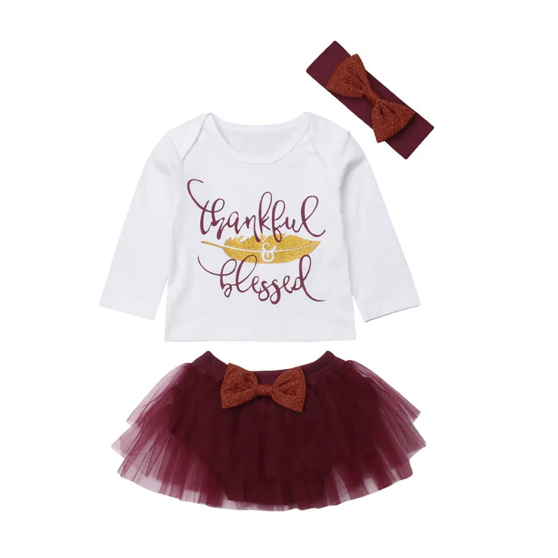 

2018 Fashion Toddler Clothes Kids Baby Girl Thanksgiving Outfits Girl Letter Cotton Tops Tutu Ruffles Shorts Headband 3Pcs 0-3Y